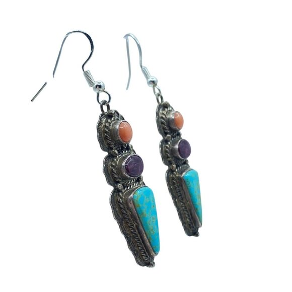 Sterling Silver 3 Stone Stamped Turquoise Coral Sugalite Dangle Earrings Native - Picture 3 of 10